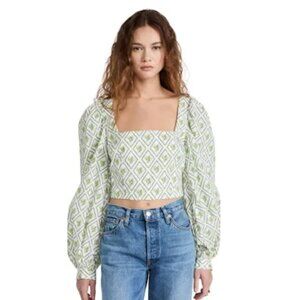 CAROLINE CONSTAS Elliot White and Green Puff-Sleeve Crop Top
